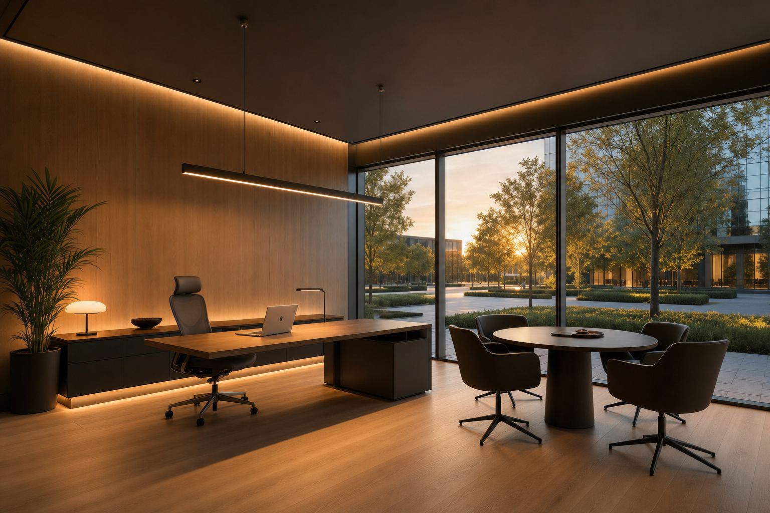 Интерьер стеклянного офиса QUARTZ SPACE: рабочее место и переговорная зона